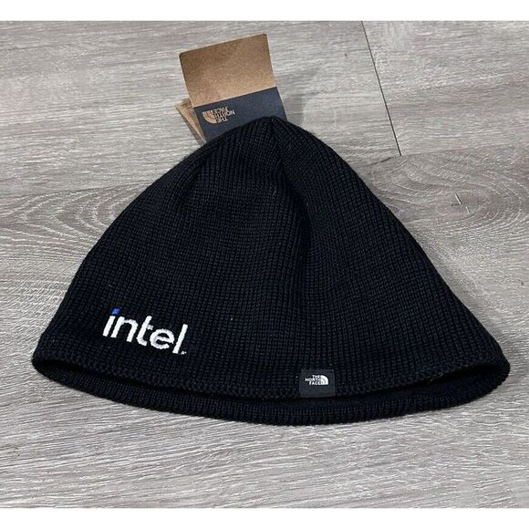 The North Face One Size Black Mountain Beanie Hat NWT Embroidered Intel Logo - Picture 3 of 4